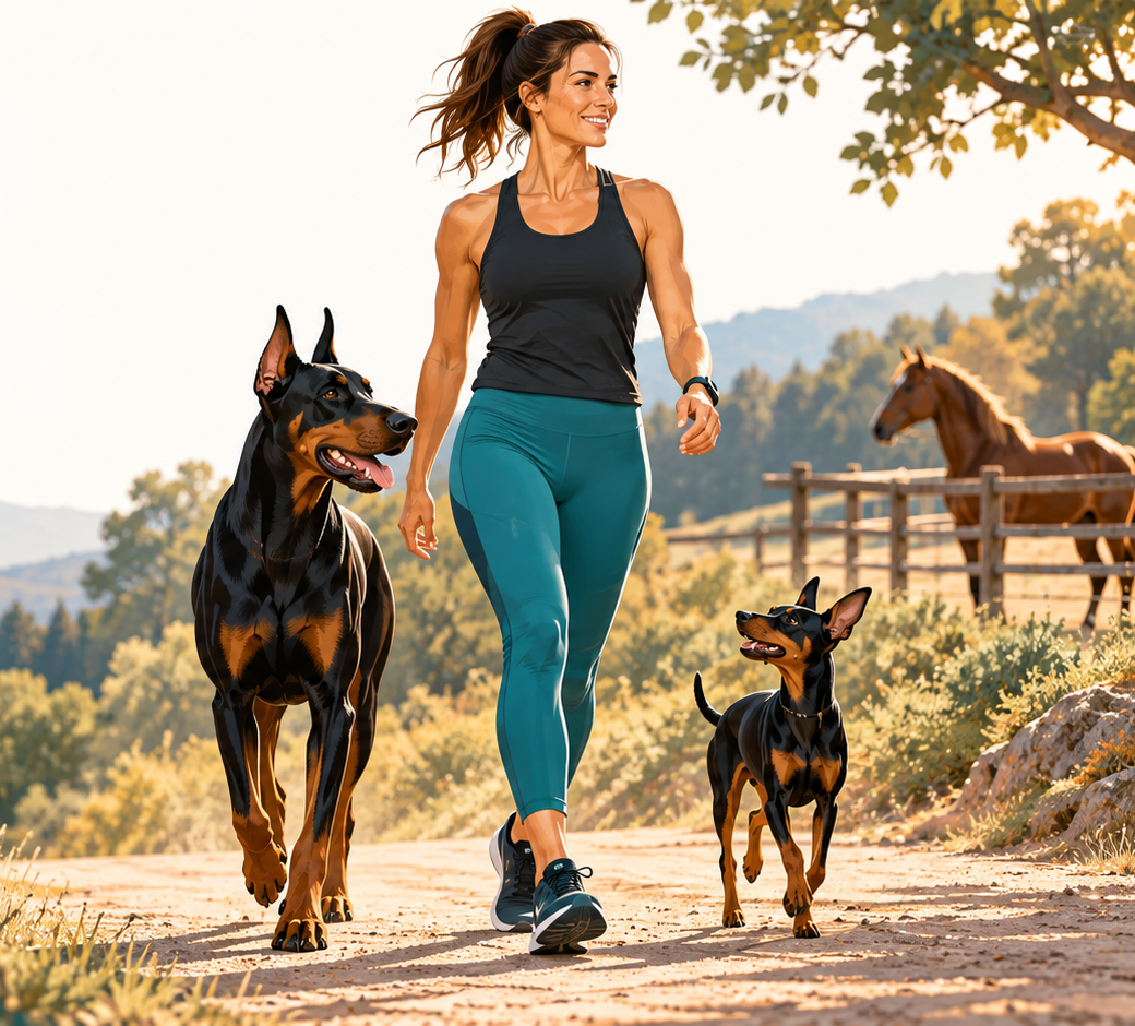 two dogs a lady and a horse